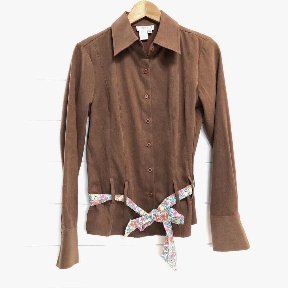 Puli Women's Vintage Suede Button Up Shirt Top W/Floral Tie Size 6/36 Brown 70s‎